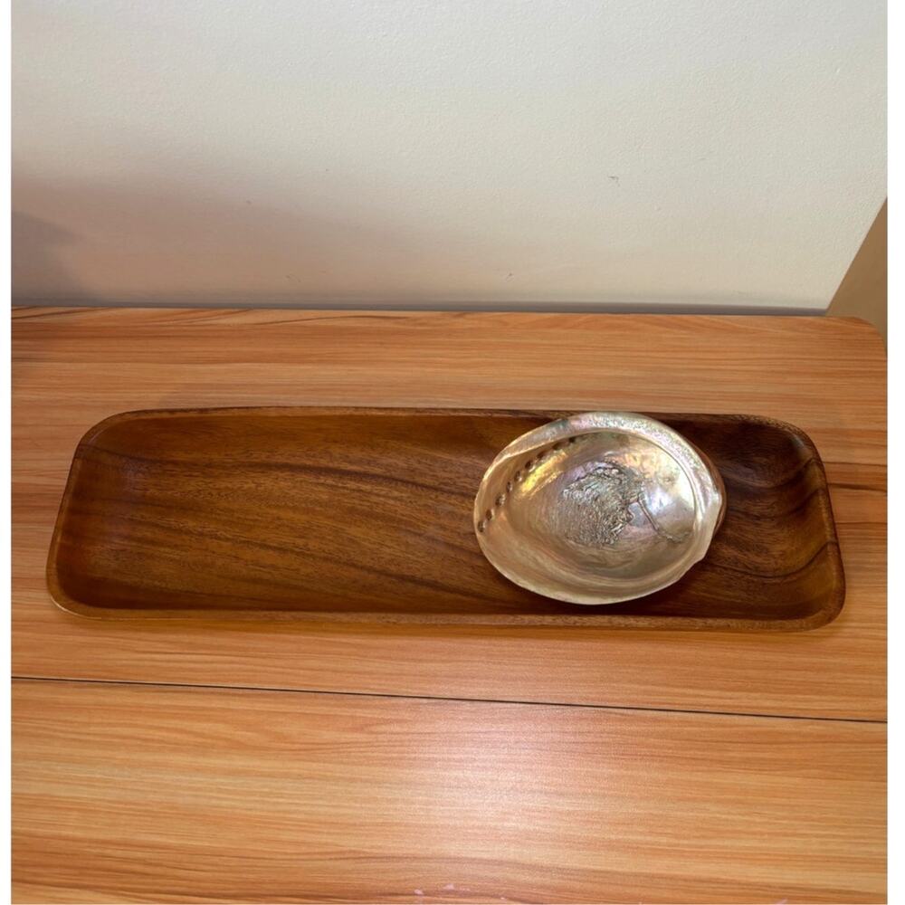 Vintage Solid Wood Monkey Pod Oblong Catchall Tray 17" Carved Acacia AS IS